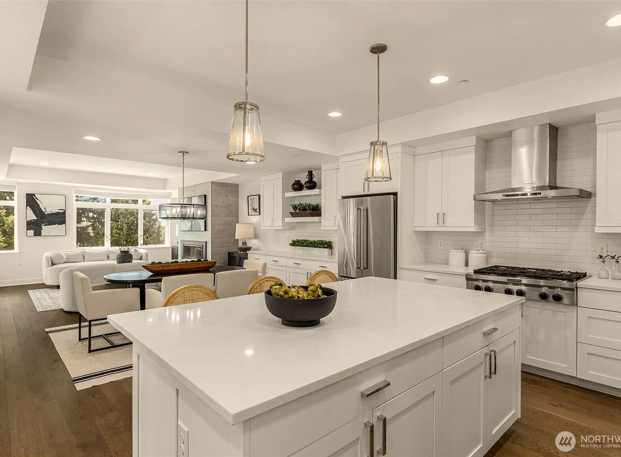 kitchen island, white quartz countertops, stainless steel appliances